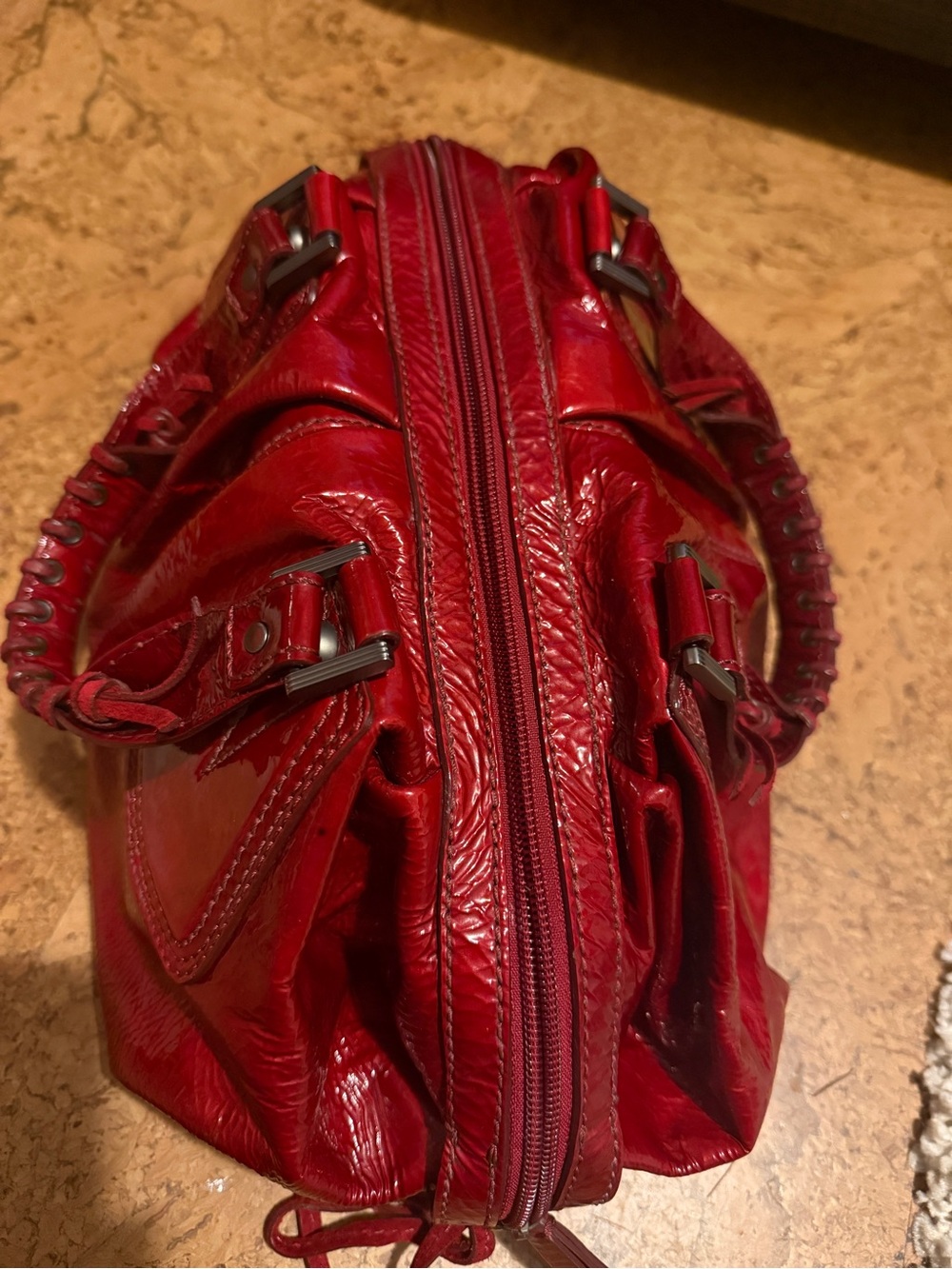 Women's Red Leather Hobo Handbag with Top Handles - Picture 4 of 7